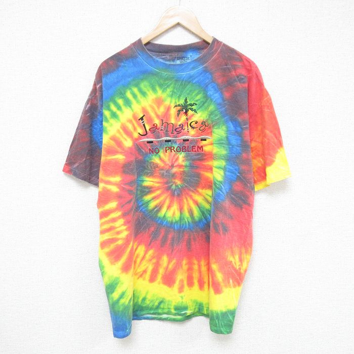 XL★古着 オニータ 半袖 ビンテージ Tシャツ メンズ 00年代 00s ジャマイカ 刺繍 大きいサイズ コットン クルーネック 赤他 レッド タイダイ 25jul08 中古
