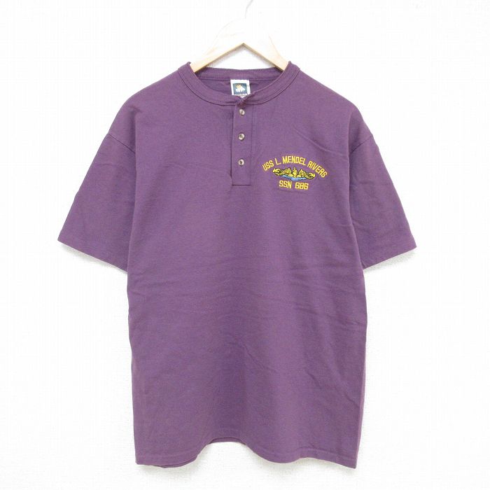 L★古着 半袖 ビンテージ Tシャツ メンズ 00年代 00s ミリタリー メンデルリヴァーズ コットン ヘンリーネック 紫 パープル 25jul08 中古
