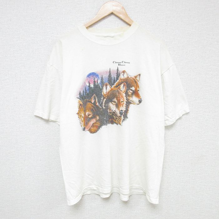 XL★古着 半袖 ビンテージ Tシャツ メンズ 90年代 90s オオカミ クルーネック 白 ホワイト 25jul08 中古