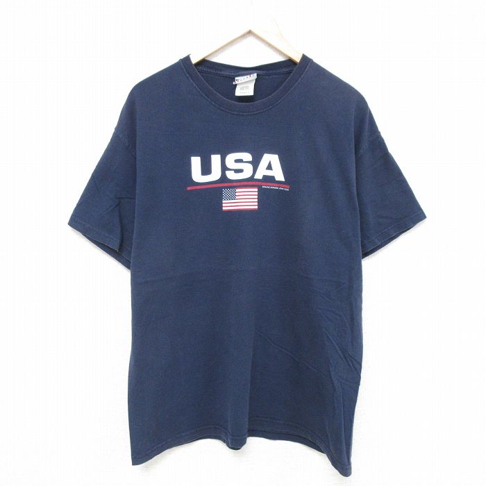 【20%OFF】XL★古着 半袖 ビンテージ Tシャツ メンズ 00年代 00s USA ロゴ コットン クルーネック 紺 ネイビー 25jul08 中古