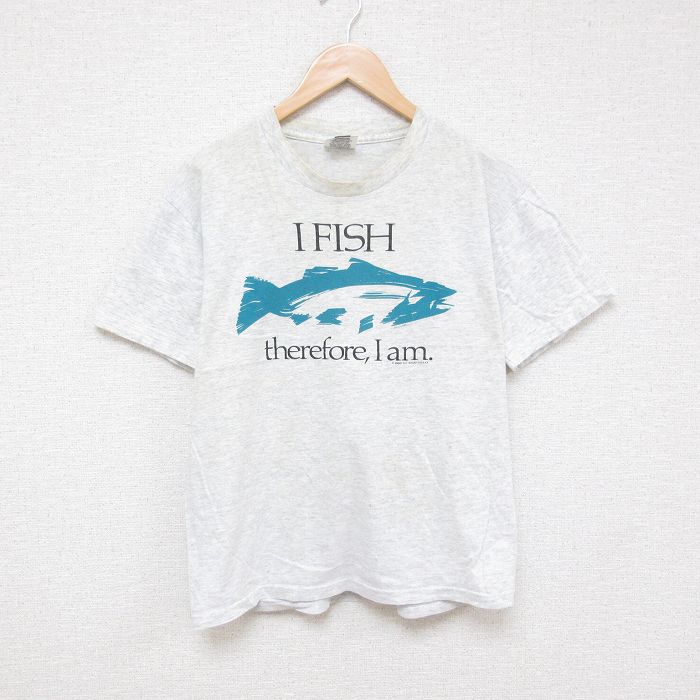 L★古着 リー Lee 半袖 ビンテージ Tシャツ メンズ 90年代 90s 魚 コットン クルーネック USA製 薄グレー 霜降り 25jul08 中古