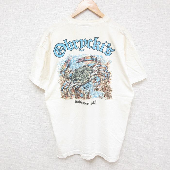 XL★古着 フルーツオブザルーム半袖 ビンテージ Tシャツ メンズ 90年代 90s カニ 胸ポケット付き 大きいサイズ コットン クルーネック USA製 白 ホワイト 25jul08 中古 半袖