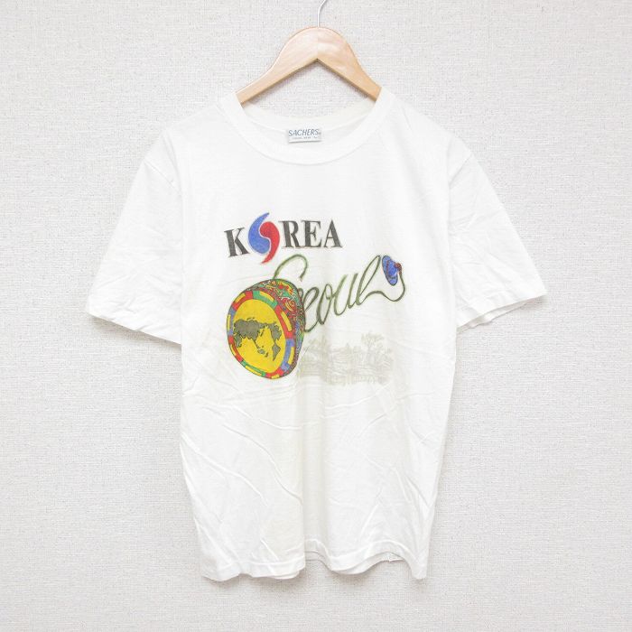 M★古着 半袖 ビンテージ Tシャツ メンズ 90年代 90s 韓国 コットン クルーネック 白 ホワイト 25jul08 中古