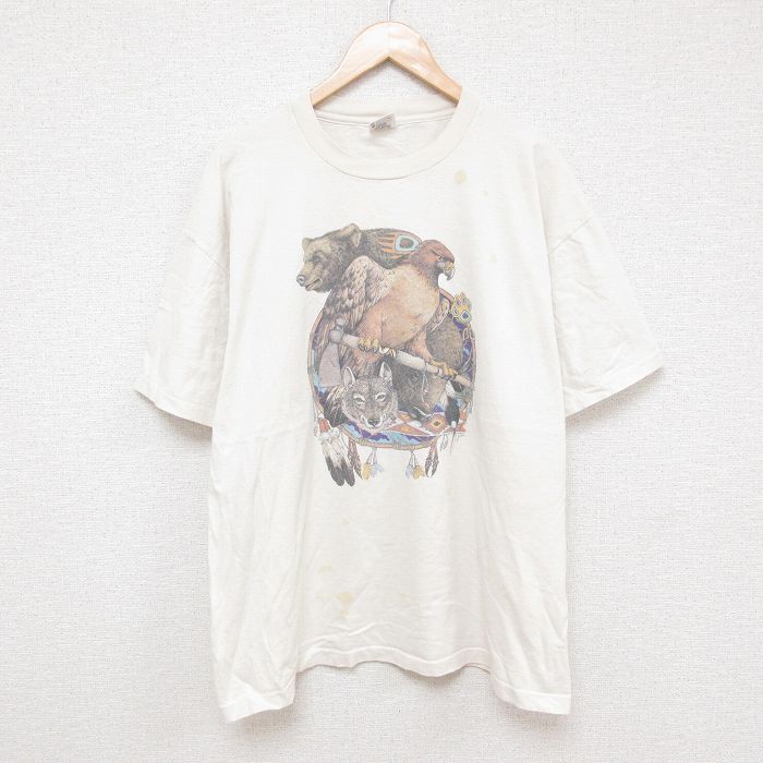 XL★古着 半袖 ビンテージ Tシャツ メンズ 90年代 90s 鳥 ドリームキャッチャー 大きいサイズ コットン クルーネック USA製 ベージュ カーキ 25jul08 中古