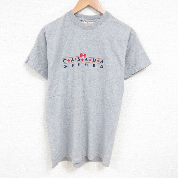 M★古着 半袖 ビンテージ Tシャツ メンズ 90年代 90s カナダ 刺繍 コットン クルーネック グレー 霜降り 25jul08 中古
