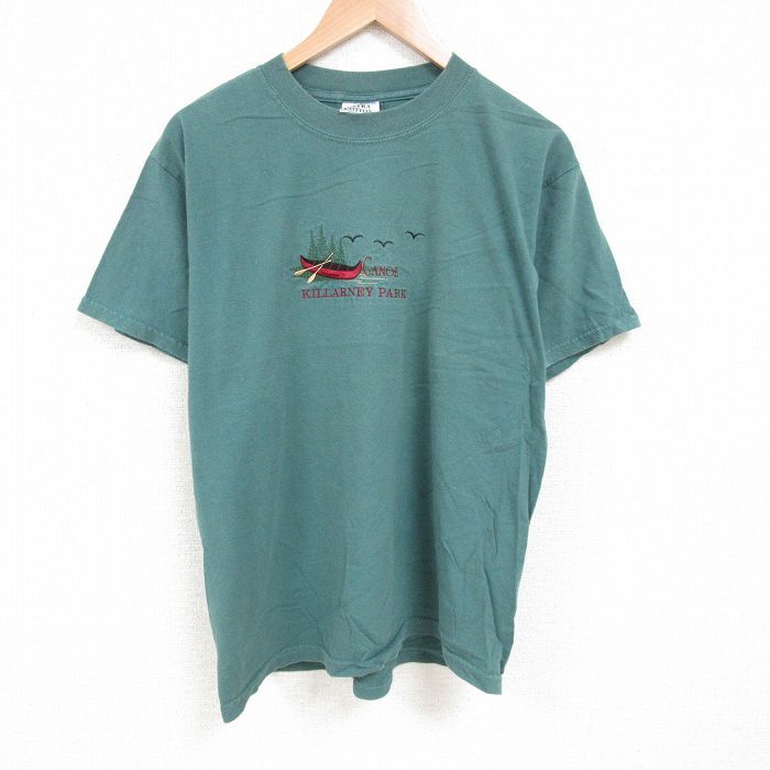 L★古着 半袖 ビンテージ Tシャツ メンズ 00年代 00s カヌー 刺繍 コットン クルーネック 濃緑 グリーン 25jul08 中古