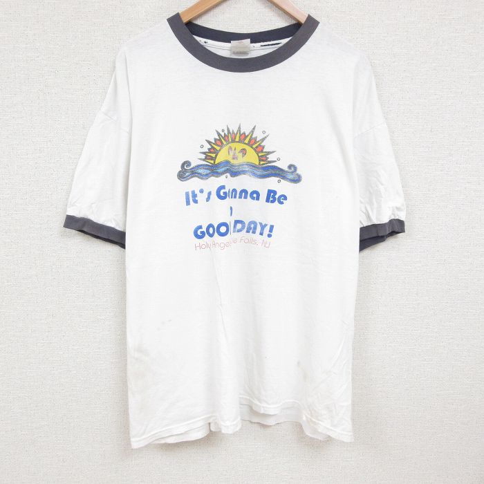 XL★古着 半袖 ビンテージ Tシャツ メンズ 00年代 00s 太陽 大きいサイズ コットン クルーネック 白 ホワイト リンガー 25jul08 中古