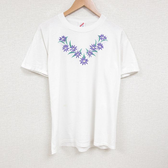 【50%OFF】XL★古着 ジャージーズ 半袖 ビンテージ Tシャツ メンズ 80年代 80s 花 クルーネック USA製 白 ホワイト 25jul08 中古