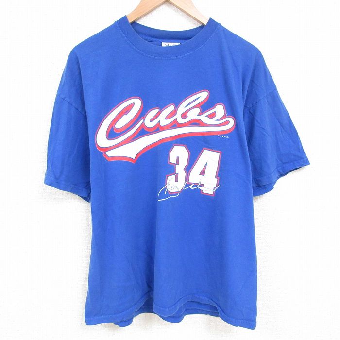 XL★古着 半袖 ビンテージ Tシャツ メンズ 00年代 00s MLB シカゴカブス ケリーウッド 34 大きいサイズ コットン クルーネック 青 ブルー メジャーリーグ ベースボール 野球 25jul09 中古