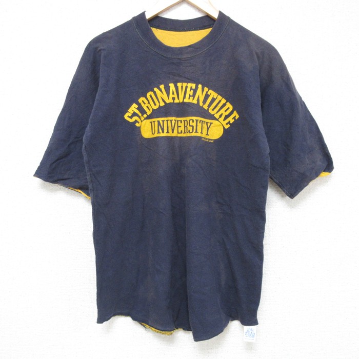 L★古着 ラッセル 半袖 ビンテージ Tシャツ メンズ 80年代 80s BONA リバーシブル コットン クルーネック 紺 ネイビー 25jul10 中古