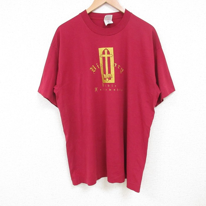 XL★古着 フルーツオブザルーム 半袖 ビンテージ Tシャツ メンズ 90年代 90s 十字架 クルーネック USA製 赤 レッド 25jul10 中古