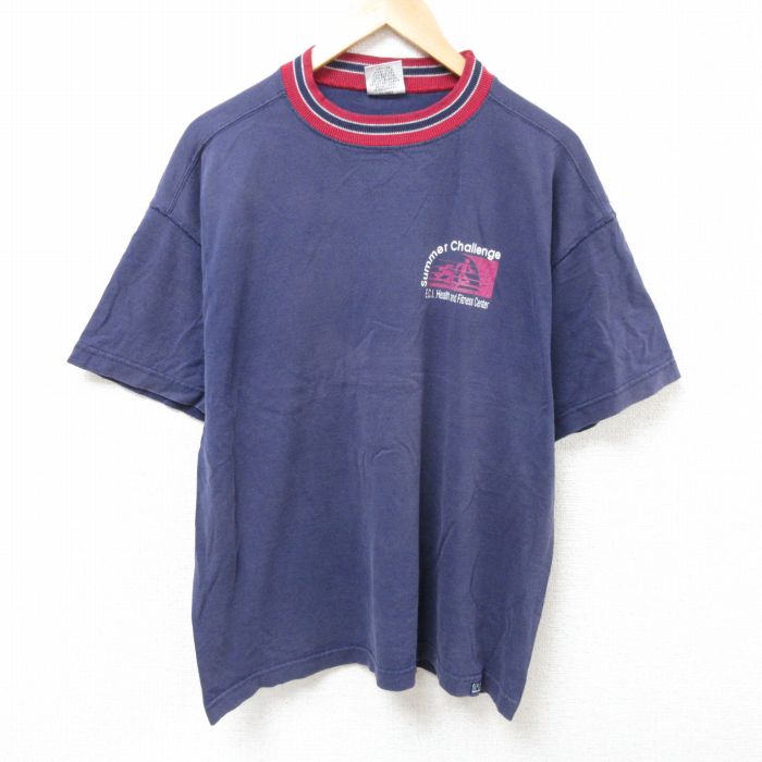 【50%OFF】XL★古着 半袖 ビンテージ Tシャツ メンズ 90年代 90s チャレンジ　コットン クルーネック USA製 紺 ネイビー 25jul10 中古