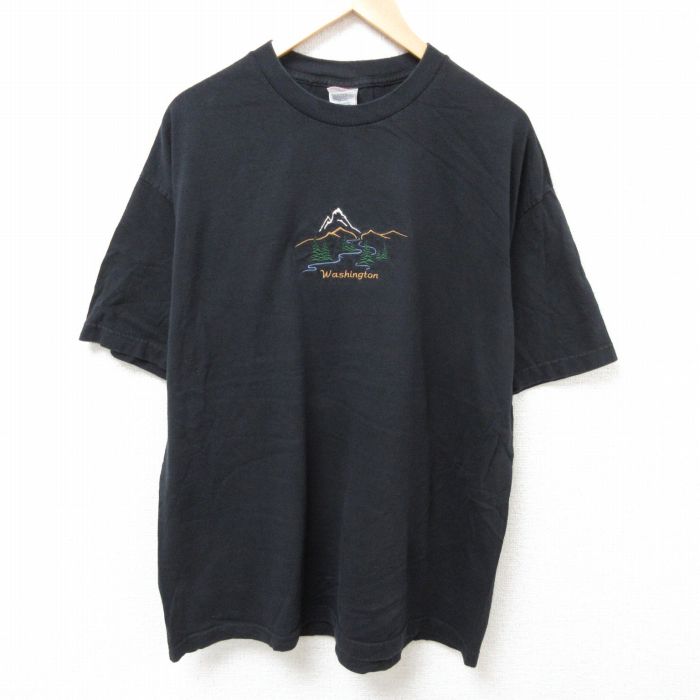 XL★古着 半袖 ビンテージ Tシャツ メンズ 00年代 00s ワシントン 刺繍 大きいサイズ コットン クルーネック 黒 ブラック 25jul10 中古