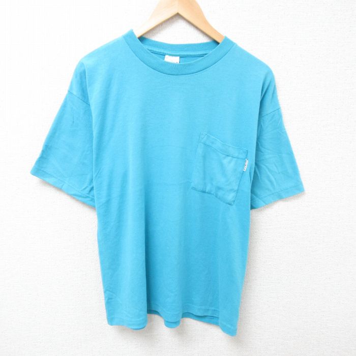 L★古着 半袖 ビンテージ Tシャツ メンズ 80年代 80s 無地 胸ポケット付き クルーネック USA製 水色 25jul10 中古