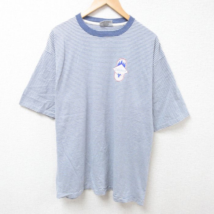 XL★古着 半袖 ビンテージ Tシャツ メンズ 90年代 90s Y 大きいサイズ コットン クルーネック USA製 薄紺 ネイビー ボーダー 25jul10 中古