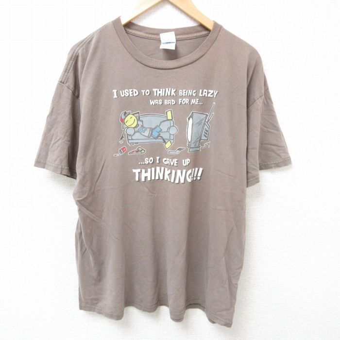 XL★古着 半袖 ビンテージ Tシャツ メンズ 00年代 00s メッセージ コットン クルーネック 茶 ブラウン 25jul10 中古