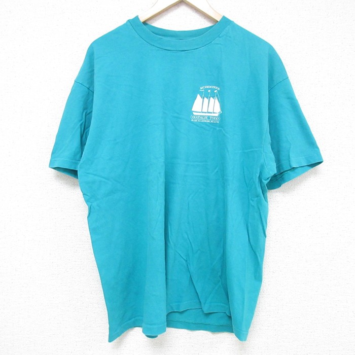 XL★古着 ヘインズ Hanes 半袖 ビンテージ Tシャツ メンズ 90年代 90s 船 コットン クルーネック USA製 青緑 25jul10 中古