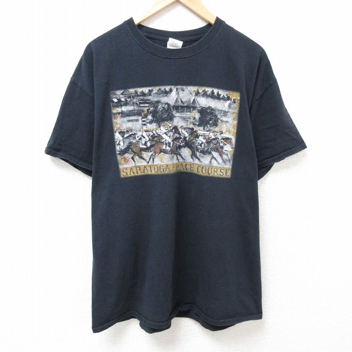 XL★古着 半袖 ビンテージ Tシャツ メンズ 00年代 00s 競馬 大きいサイズ コットン クルーネック 黒 ブラック 25jul11 中古