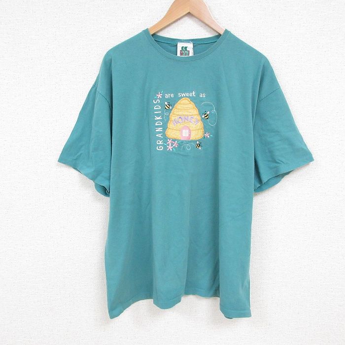 XL★古着 半袖 ビンテージ Tシャツ メンズ 90年代 90s ハチ 刺繍 大きいサイズ コットン クルーネック USA製 青緑 25jul11 中古