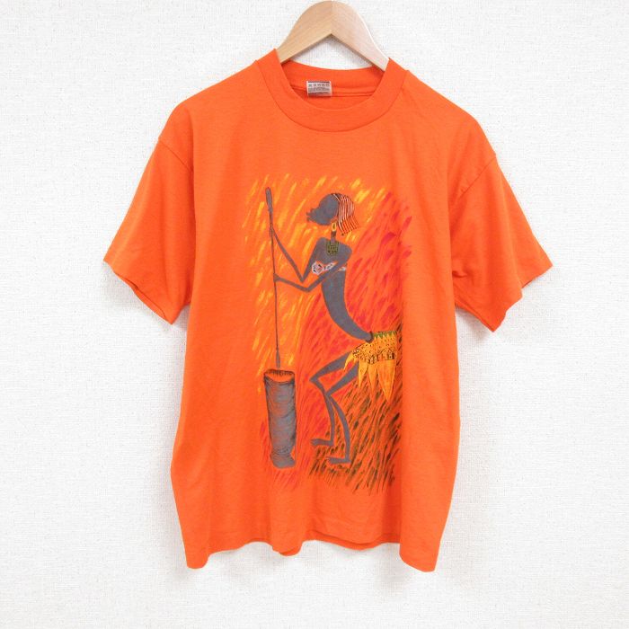 L★古着 フルーツオブザルーム 半袖 ビンテージ Tシャツ メンズ 90年代 90s インディアン クルーネック USA製 オレンジ 25jul11 中古