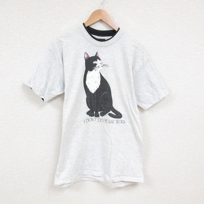 L★古着 SIGNAL 半袖 ビンテージ Tシャツ メンズ 90年代 90s ネコ コットン クルーネック USA製 薄グレー 霜降り 25jul11 中古