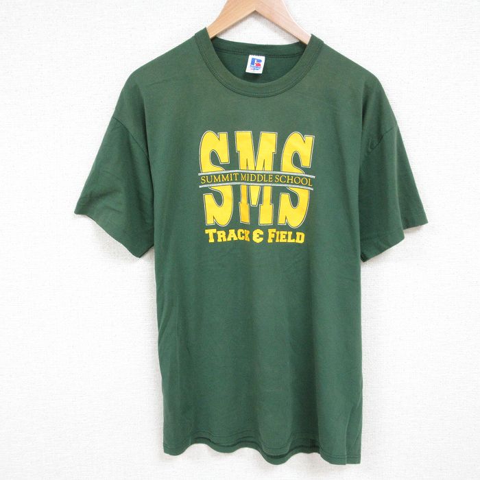 L★古着 ラッセル 半袖 ビンテージ Tシャツ メンズ 80年代 80s SMS クルーネック USA製 緑 グリーン 25jul11 中古