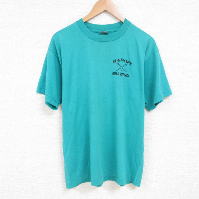L★古着 フルーツオブザルーム 半袖 ビンテージ Tシャツ メンズ 90年代 90s ソフトボール クルーネック 青緑 25jul11 中古