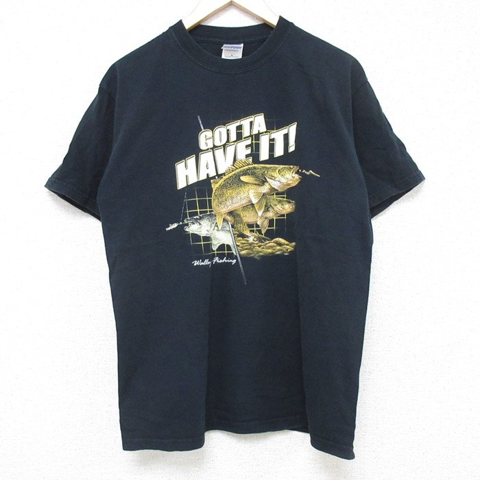 M★古着 半袖 ビンテージ Tシャツ メンズ 00年代 00s 魚 コットン クルーネック 黒 ブラック 25jul11 中古