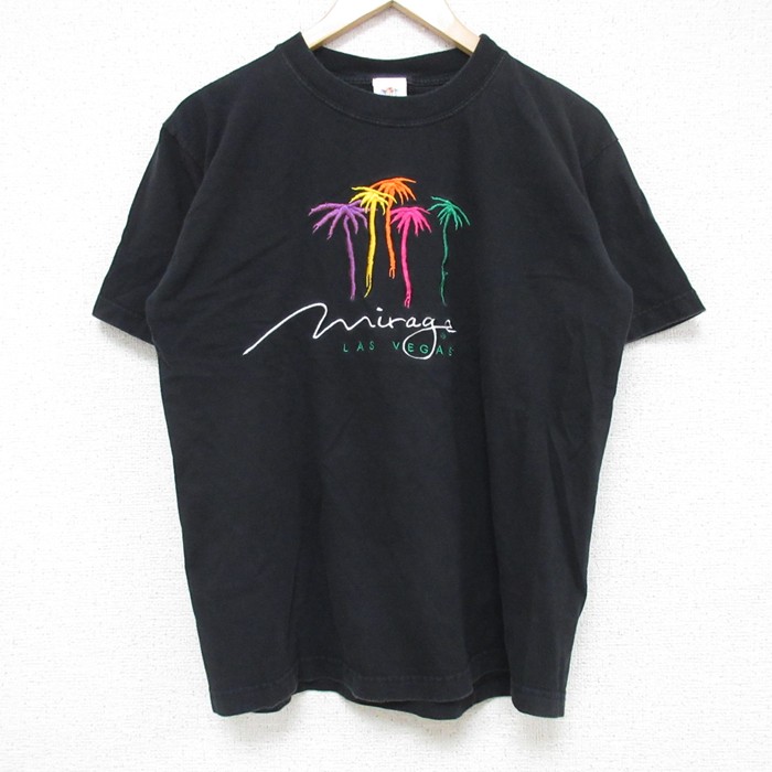 M★古着 半袖 ビンテージ Tシャツ メンズ 90年代 90s ラスベガス 刺繍 コットン クルーネック USA製 黒 ブラック 25jul11 中古