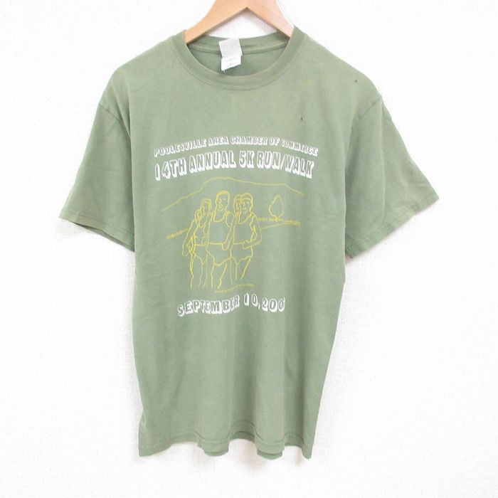 L★古着 半袖 ビンテージ Tシャツ メンズ 00年代 00s マラソン コットン クルーネック 緑 グリーン 25jul12 中古