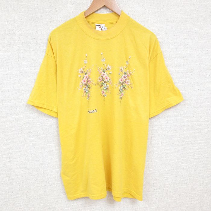 XL★古着 ジャージーズ 半袖 ビンテージ Tシャツ メンズ 00年代 00s 花 大きいサイズ クルーネック 黄 イエロー 25jul12 中古