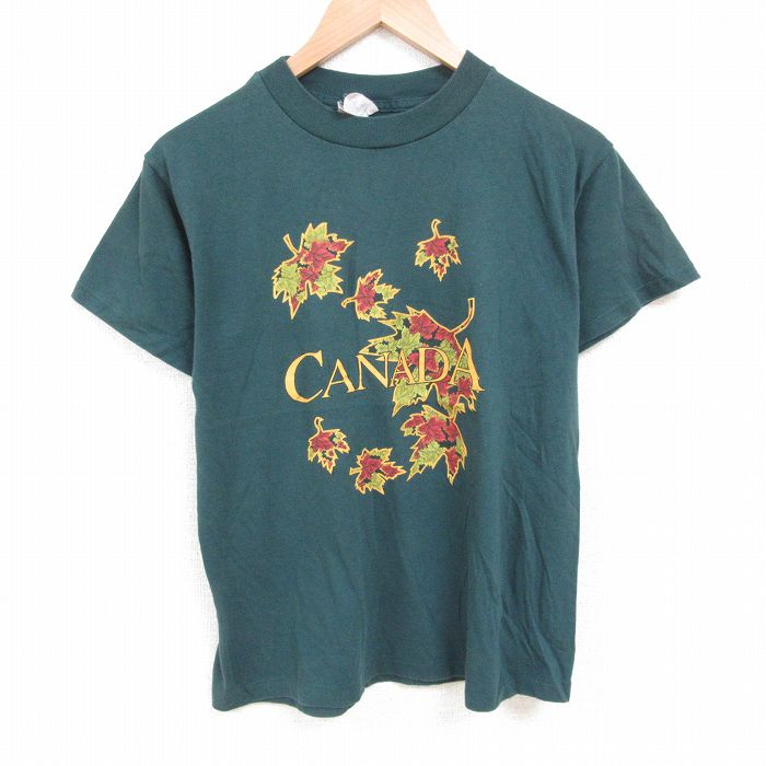 L★古着 半袖 ビンテージ Tシャツ メンズ 90年代 90s カナダ クルーネック 濃緑 グリーン 25jul12 中古