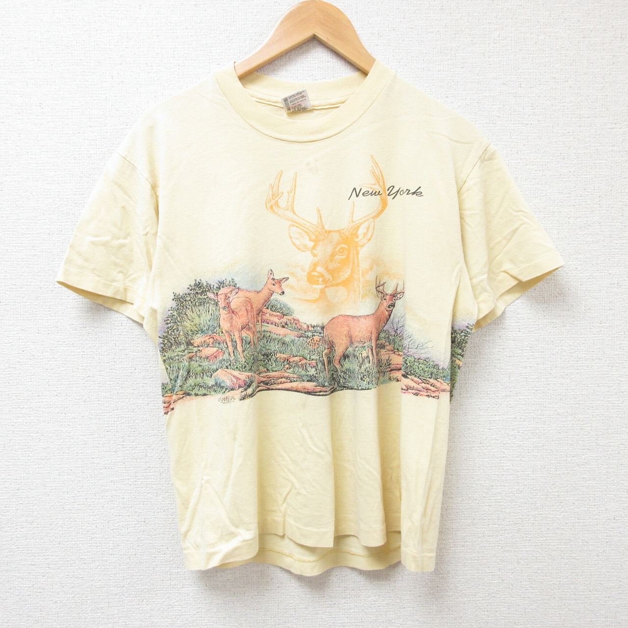 M★古着 半袖 ビンテージ Tシャツ メンズ コットン クルーネック USA製 濃黄 イエロー 25jul14 中古