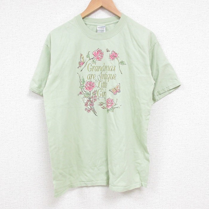 M★古着 半袖 ビンテージ Tシャツ メンズ 00年代 00s バラ コットン クルーネック 薄緑 グリーン 25jul14 中古