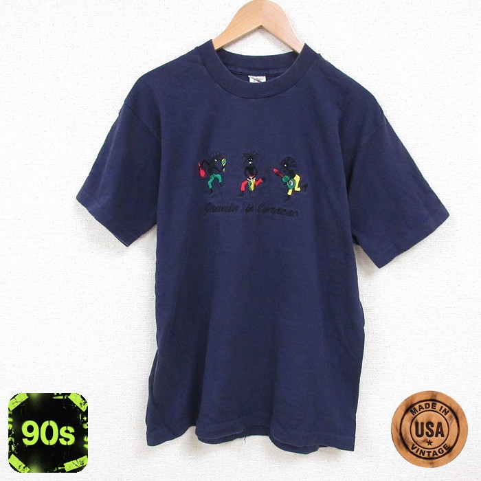 【50%OFF】フルーツオブザルーム 90s 半袖Tシャツ ジャマイカン刺繍 ネイビー L | 古着