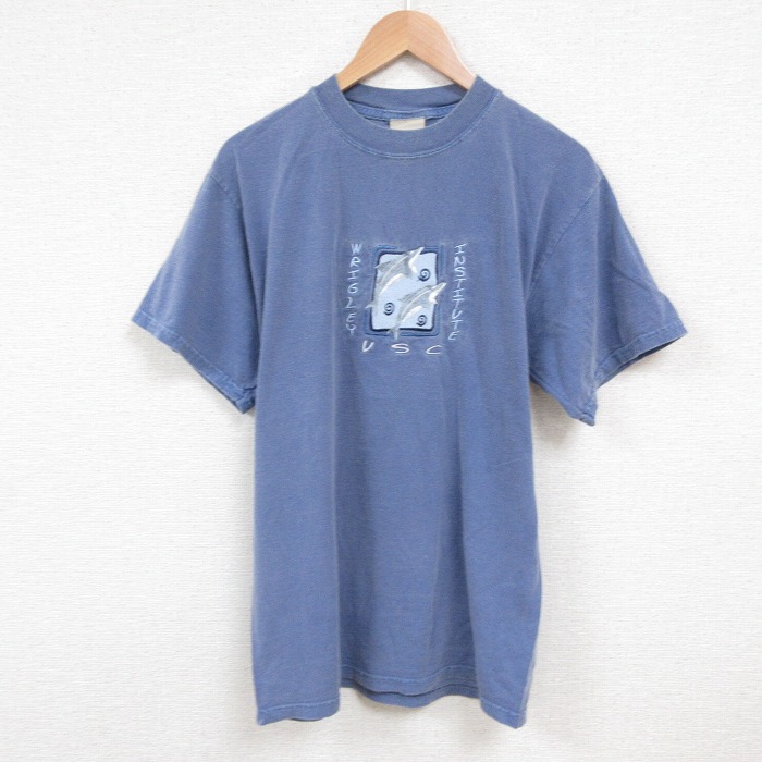 M★古着 半袖 ビンテージ Tシャツ メンズ 90年代 90s イルカ 刺繍 コットン クルーネック USA製 薄紺 ネイビー 霜降り 25jul16 中古