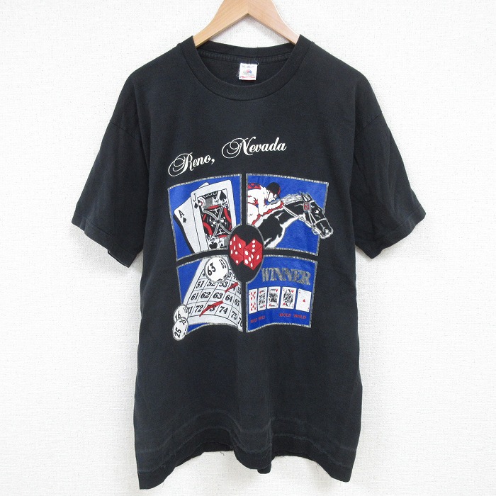 XL★古着 フルーツオブザルーム 半袖 ビンテージ Tシャツ メンズ 90年代 90s 競馬 トランプ コットン クルーネック USA製 黒 ブラック 25jul16 中古
