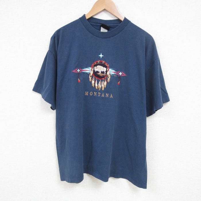 XL★古着 SIGNAL 半袖 ビンテージ Tシャツ メンズ 90年代 90s モンタナ 刺繍 クルーネック USA製 紺 ネイビー 霜降り 25jul16 中古