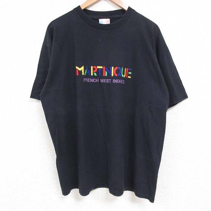 XL★古着 半袖 ビンテージ Tシャツ メンズ 00年代 00s フレンチ 刺繍 コットン クルーネック 黒 ブラック 25jul15 中古