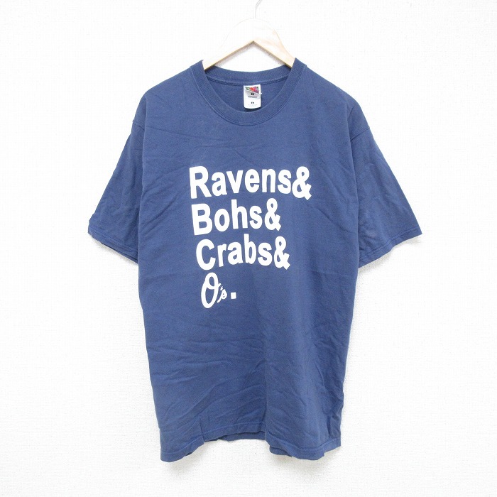 【50%OFF】L★古着フルーツオブザルーム 半袖 ビンテージ Tシャツ メンズ 00年代 00s Ravens コットン クルーネック 薄紺 ネイビー 25jul16 中古