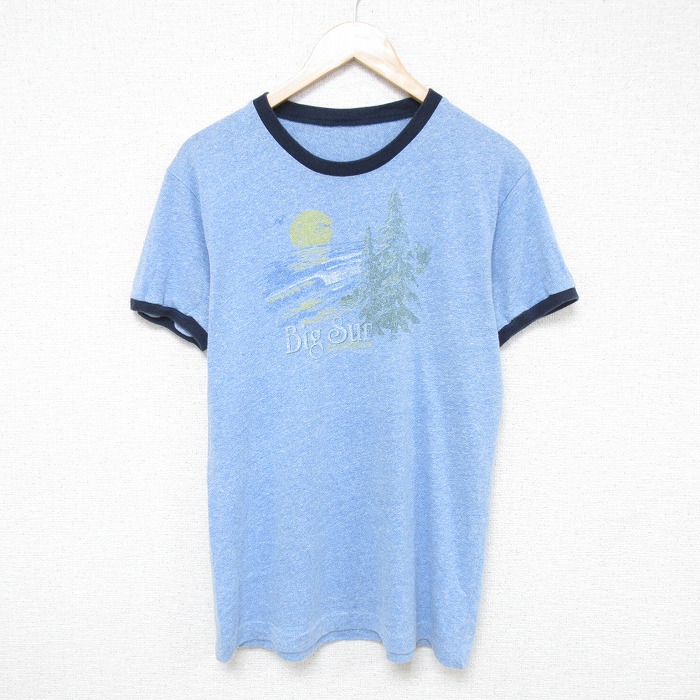 【50%OFF】M★古着 半袖 ビンテージ Tシャツ メンズ 80年代 80s 木 クルーネック 薄紺 ネイビー 霜降り リンガー 25jul16 中古