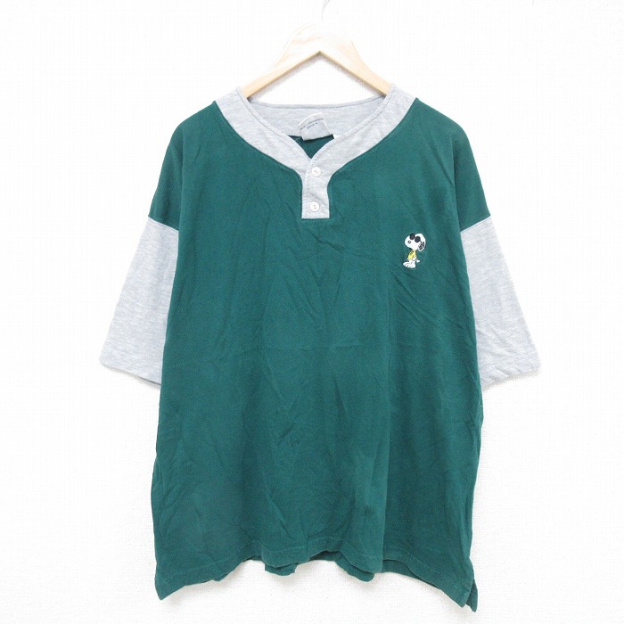 XL★古着 半袖 ビンテージ Tシャツ メンズ 00年代 00s スヌーピー SNOOPY ツートンカラー 大きいサイズ コットン ヘンリーネック 緑他 グリーン 霜降り 【spe】 25jul16 中古