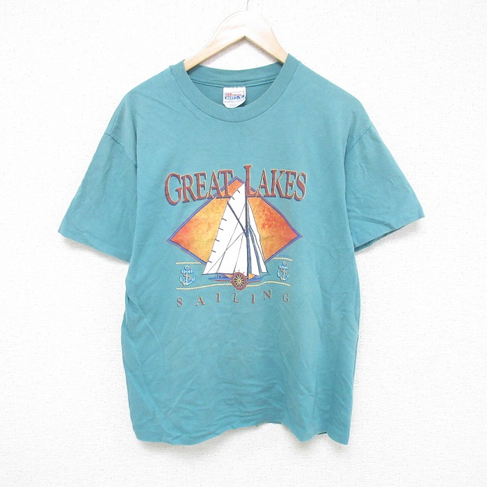 L★古着 ヘインズ Hanes 半袖 ビンテージ Tシャツ メンズ 90年代 90s セーリング コットン クルーネック USA製 薄緑 グリーン 25jul16 中古