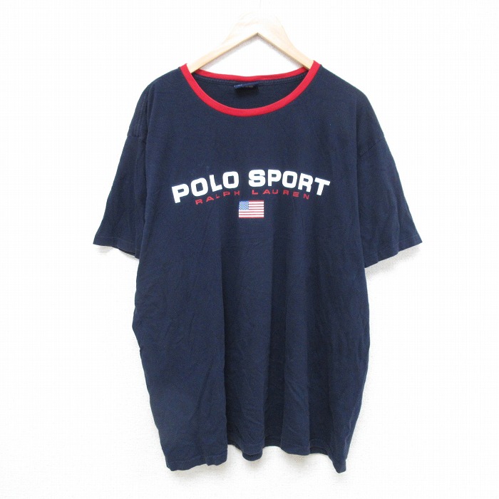 XL★古着 ラルフローレン Ralph Lauren ポロスポーツ 半袖 ビンテージ Tシャツ メンズ 90年代 90s ビッグロゴ 大きいサイズ コットン クルーネック USA製 紺 ネイビー 25jul16 中古