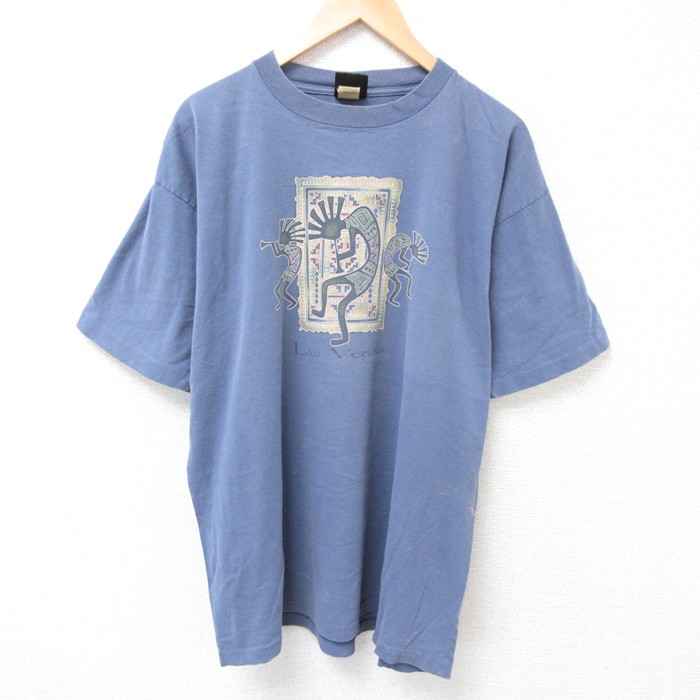 XL★古着 半袖 ビンテージ Tシャツ メンズ 90年代 90s ココペリ ホピ族 大きいサイズ コットン クルーネック USA製 薄紺 ネイビー 25jul15 中古