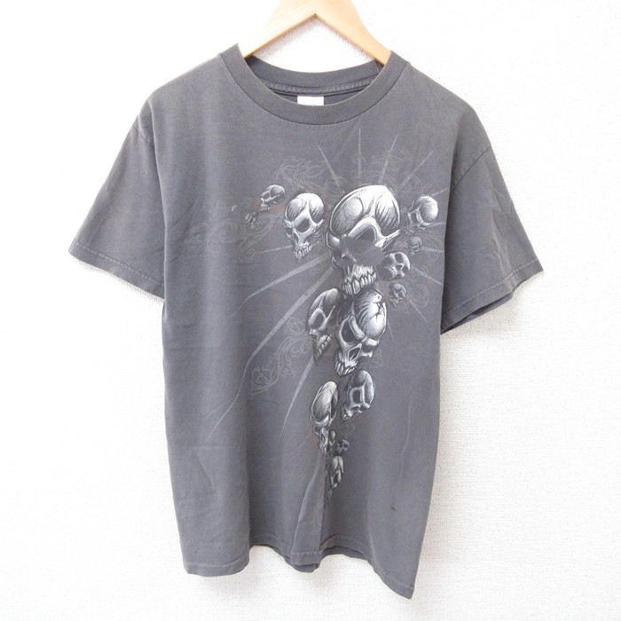 【50%OFF】M★古着 半袖 ビンテージ Tシャツ メンズ 00年代 00s スカル コットン クルーネック 濃グレー 25jul15 中古