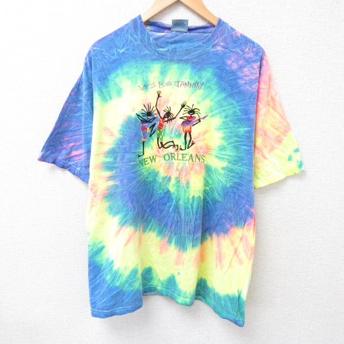 XL★古着 半袖 ビンテージ Tシャツ メンズ 90年代 90s ニューオリンズ 刺繍 コットン クルーネック USA製 薄紺他 ネイビー タイダイ 25jul15 中古