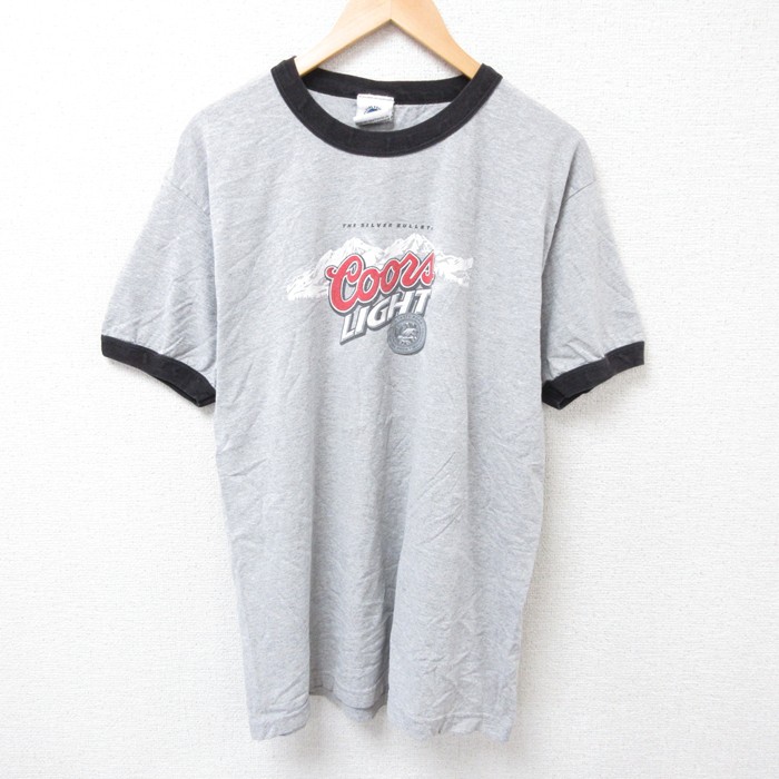 L★古着 半袖 ビンテージ Tシャツ メンズ 00年代 00s クアーズ クルーネック グレー 霜降り リンガー 25jul16 中古