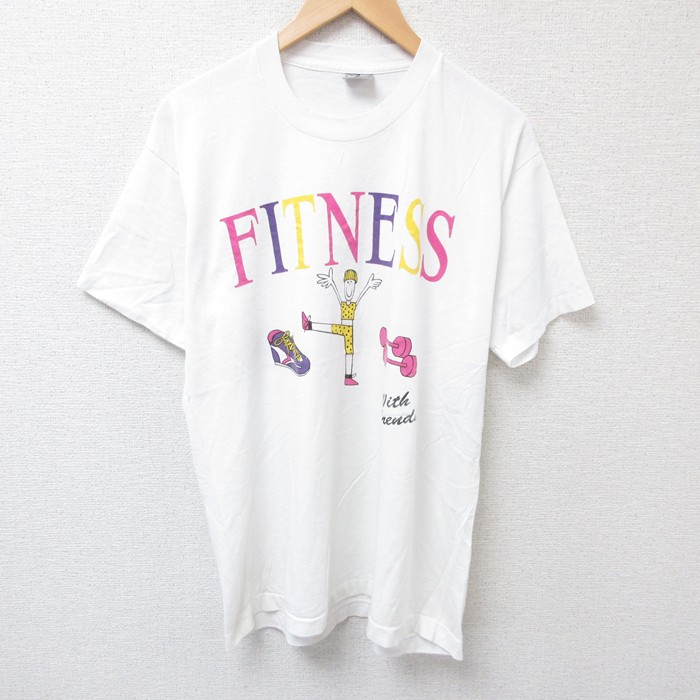 L★古着 フルーツオブザルーム 半袖 ビンテージ Tシャツ メンズ 90年代 90s フィットネス クルーネック USA製 白 ホワイト 25jul16 中古