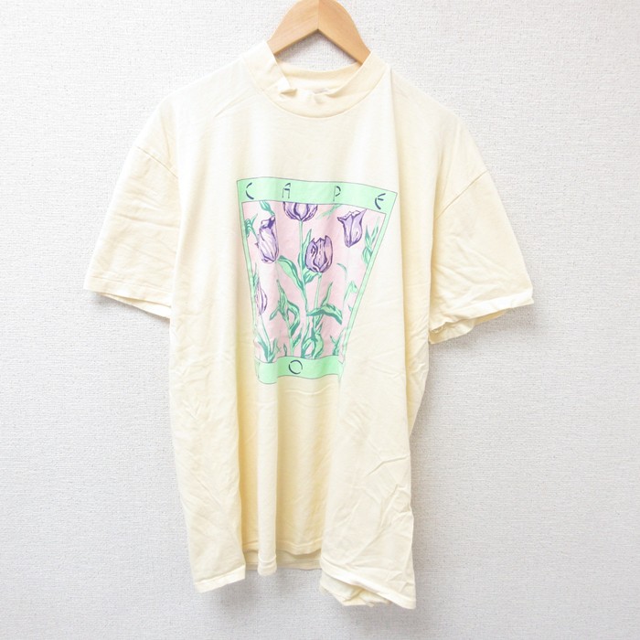 XL★古着 半袖 ビンテージ Tシャツ メンズ 80年代 80s チューリップ コットン クルーネック USA製 薄黄 イエロー 25jul16 中古